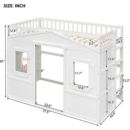 Twin Size House Loft Bed With Ladder-White