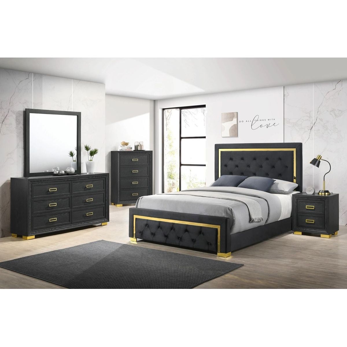 Glamorous 1pc Modern Glam Style 2-Drawer Nightstand Black Gold Finish Gold-colored Hardware Bedroom Furniture