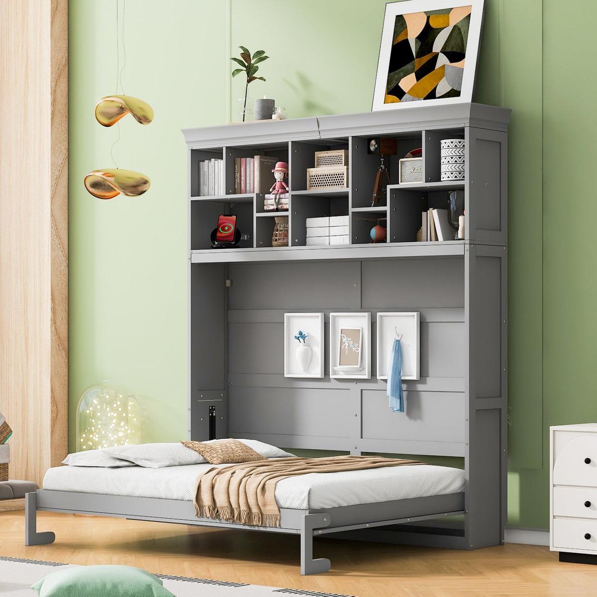 Queen Size Murphy Bed Wall Bed with Top Shelves & USB,Gray