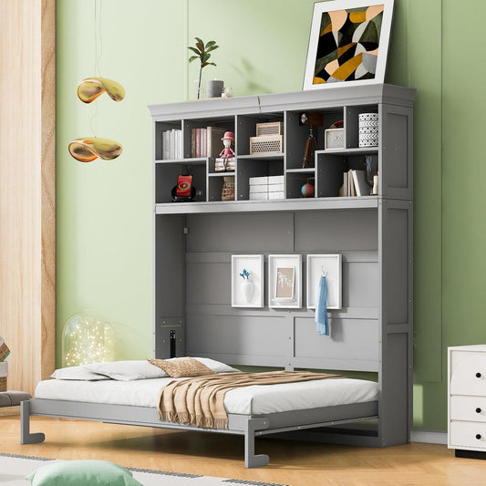 Queen Size Murphy Bed Wall Bed with Top Shelves & USB,Gray
