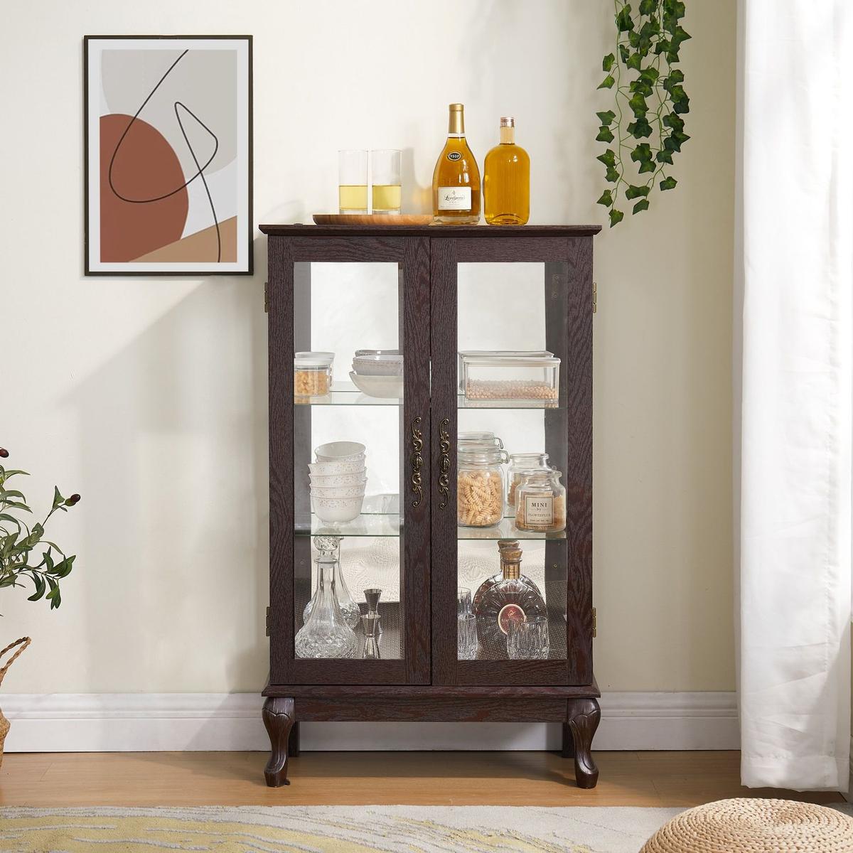 2 Doors Curio Cabinet with Tempered Glass Doors, Curio Cabinets with Mirrored Back Panel and Adjustable Shelves, Lighted Display Cabinet for Home, Office Light Bulb Included Cherry