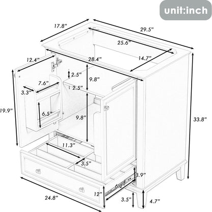 30" Bathroom Vanity without Sink, Base Only, Multi-functional Bathroom Cabinet with Doors and Drawer, Solid Frame and MDF Board, White