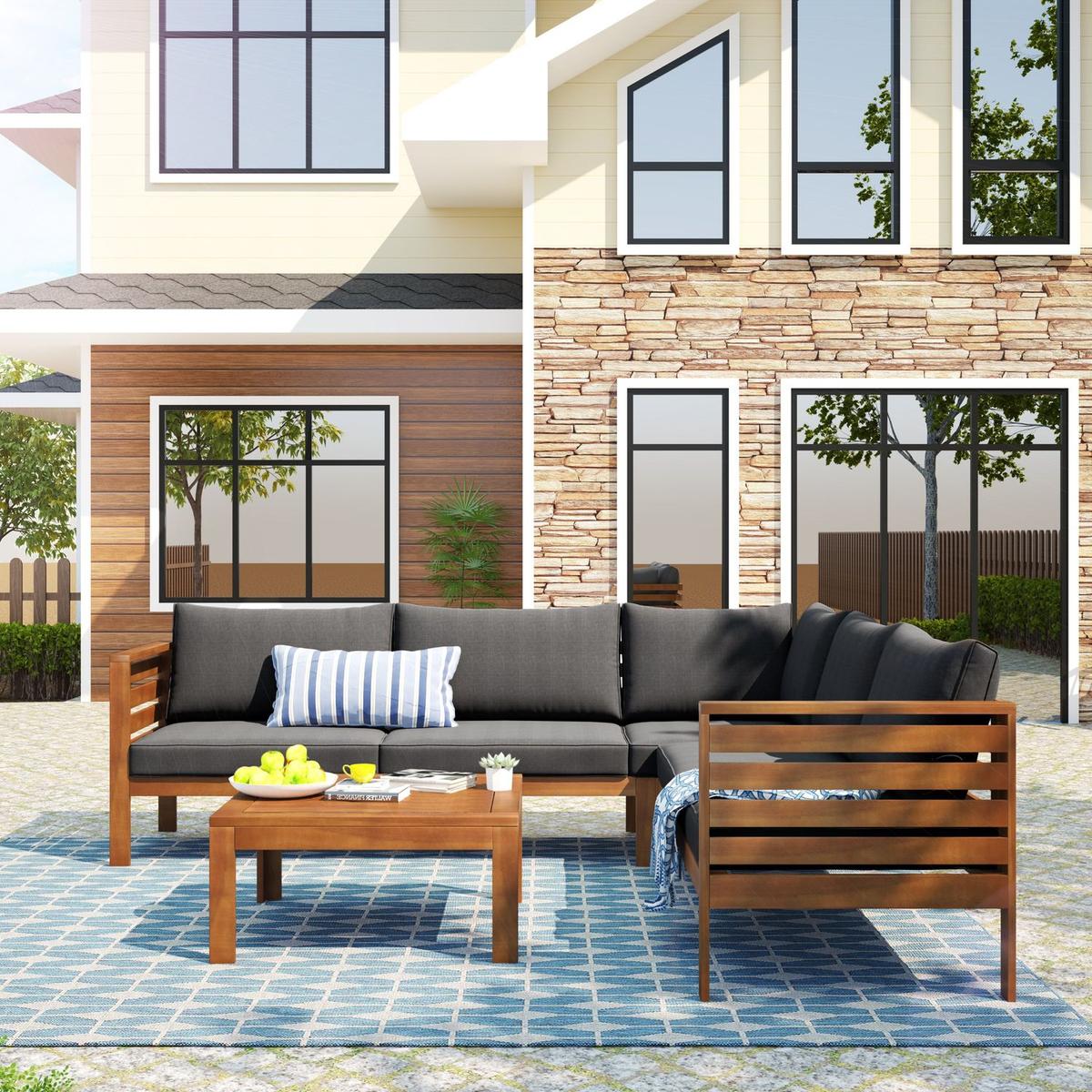 Wood Structure Outdoor Sofa Set with gray Cushions Exotic design Water-resistant and UV Protected texture High quality acacia wood Strong Metal Accessories