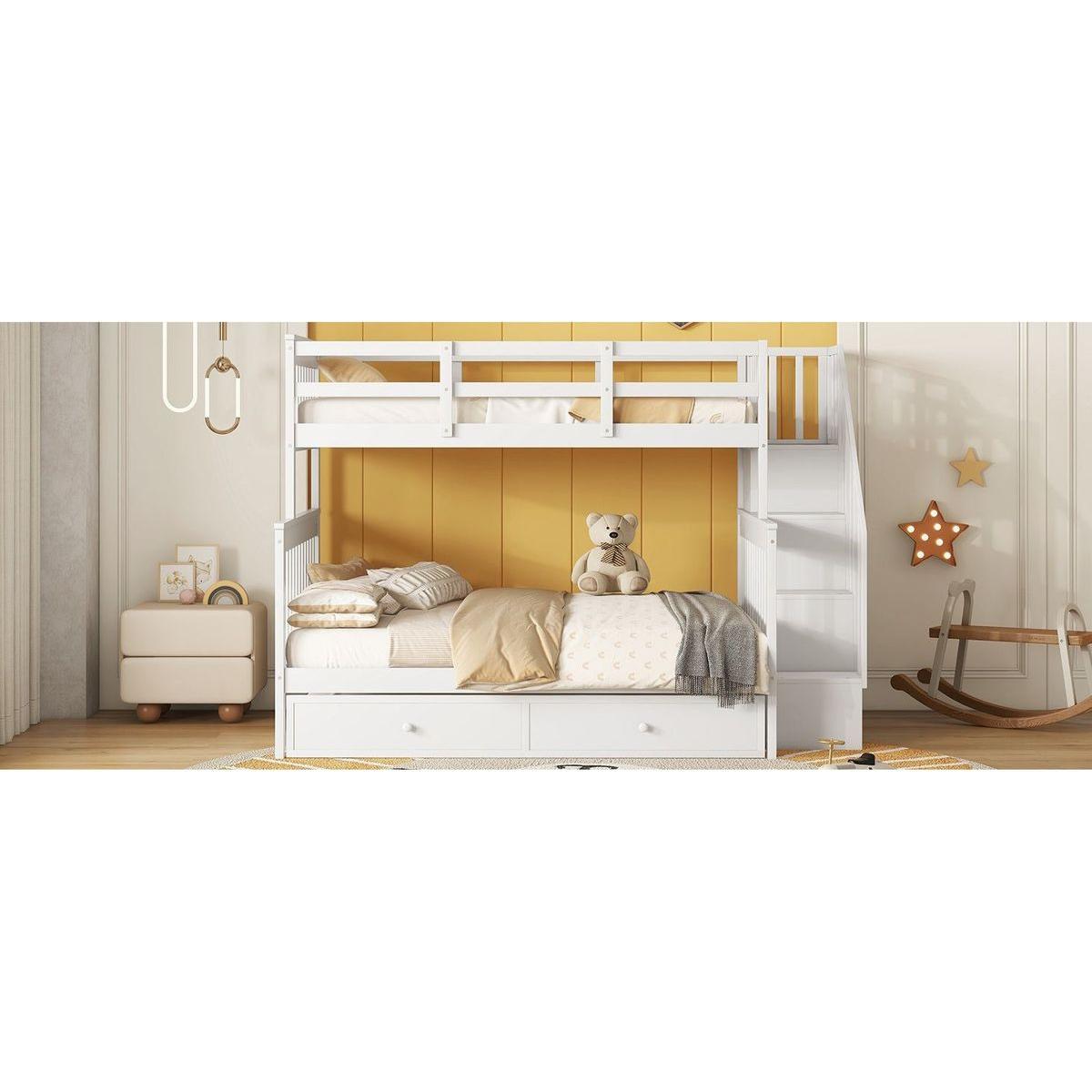Twin-Over-Full Bunk Bed with Twin size Trundle, Storage and Guard Rail for Bedroom, Dorm, for Adults, White