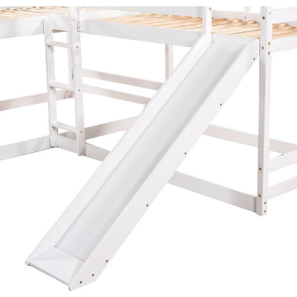 Full and Twin Size L-Shaped Bunk Bed with Slide and Short Ladder,White