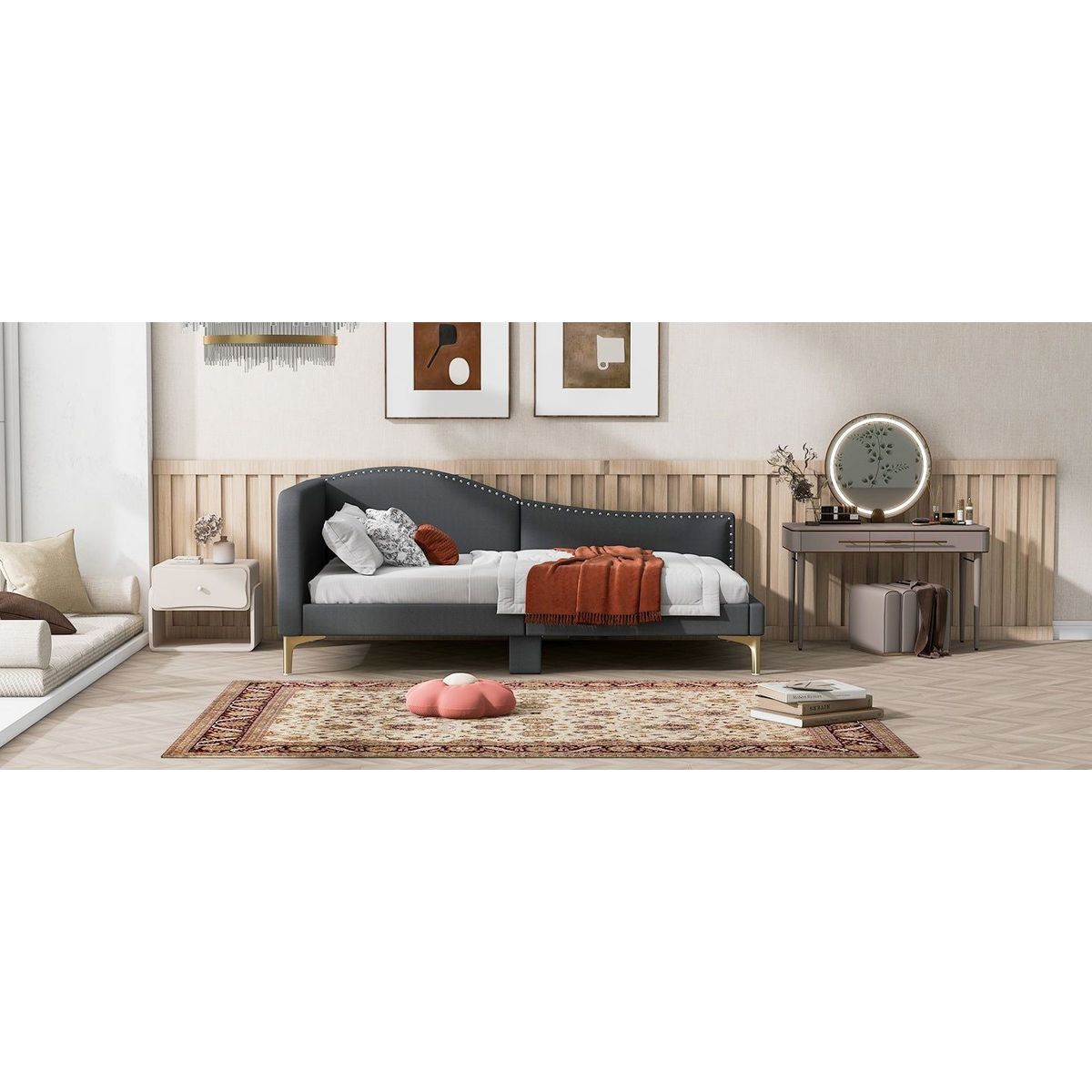 Twin Size Upholstered Daybed with Headboard and Armrest, Support Legs, Grey