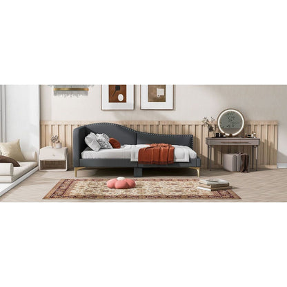 Twin Size Upholstered Daybed with Headboard and Armrest, Support Legs, Grey