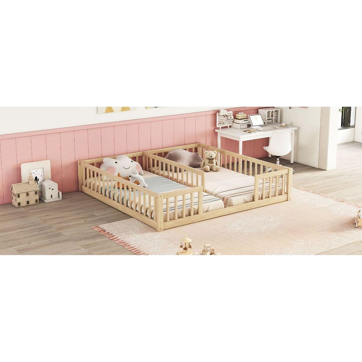 Double Twin Floor Bed with Fence, Guardrails, without door, Natural
