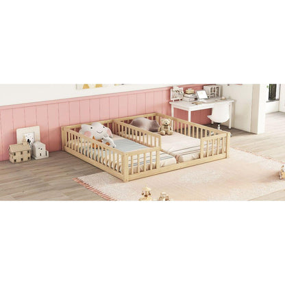 Double Twin Floor Bed with Fence, Guardrails, without door, Natural