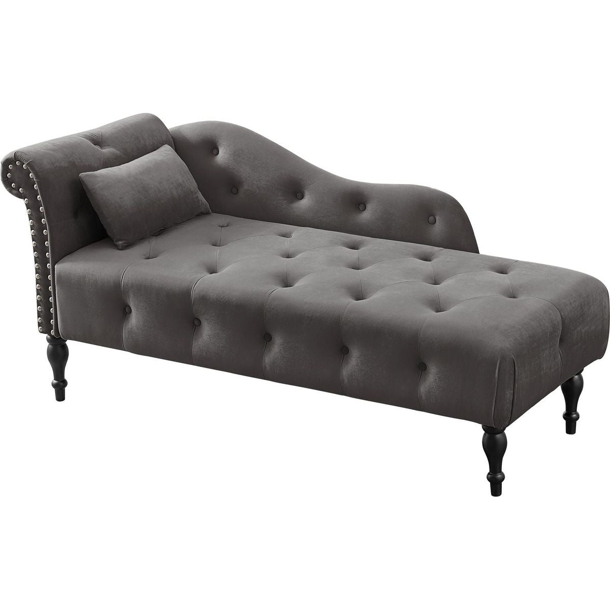 60.6" Velvet Chaise Lounge Buttons Tufted Nailhead Trimmed Solid Wood Legs with 1 Pillow,Grey (Left Arm Design as Shown in the Picture) - Streamdale Furniture