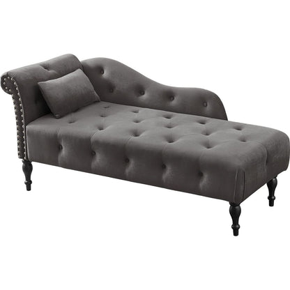 60.6" Velvet Chaise Lounge Buttons Tufted Nailhead Trimmed Solid Wood Legs with 1 Pillow,Grey (Left Arm Design as Shown in the Picture) - Streamdale Furniture