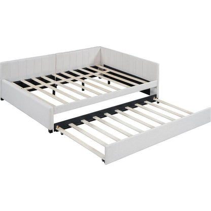 Full Size Upholstered Daybed with Trundle Sofa Bed Frame No Box Spring Needed, Linen Fabric(Beige)