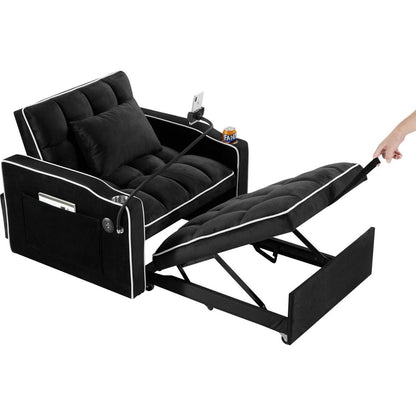 Convertible Sleeper Chair Sofa Bed Adjustable Pull Out Sleeper Chair Bed Multi-Pockets Folding Sofa Bed for Living Room Bedroom Small Space,3-in-1 Sofa Bed, (Black)