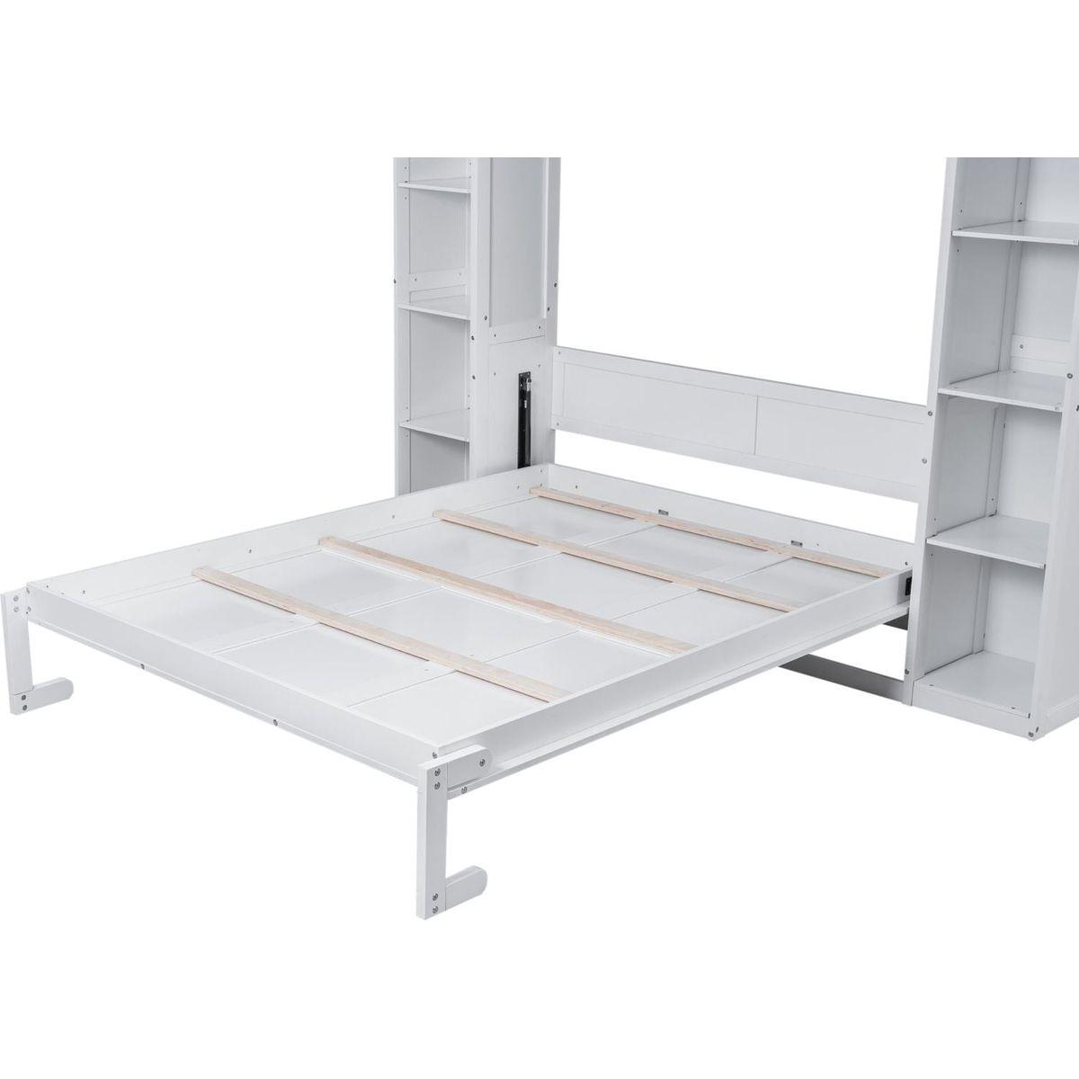 Queen Size Murphy Bed Wall Bed with Shelves and LED Lights,White