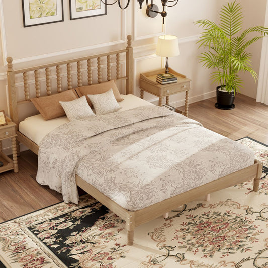 Queen Size Wood Platform Bed with Gourd Shaped Headboard,Retro Style Platform Bed with Wooden Slat Support,Natural