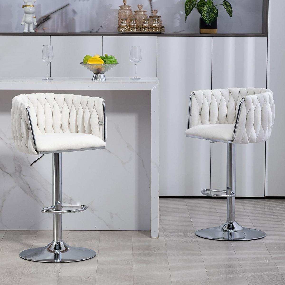 360 Fabric cover Swivel Bar Stools Set of 2, Adjustable Counter Height Bar Chairs with Woven Back & Footrest,Silver chromed Bar Stools for Kitchen Island, Cafe, Pub (Beige)