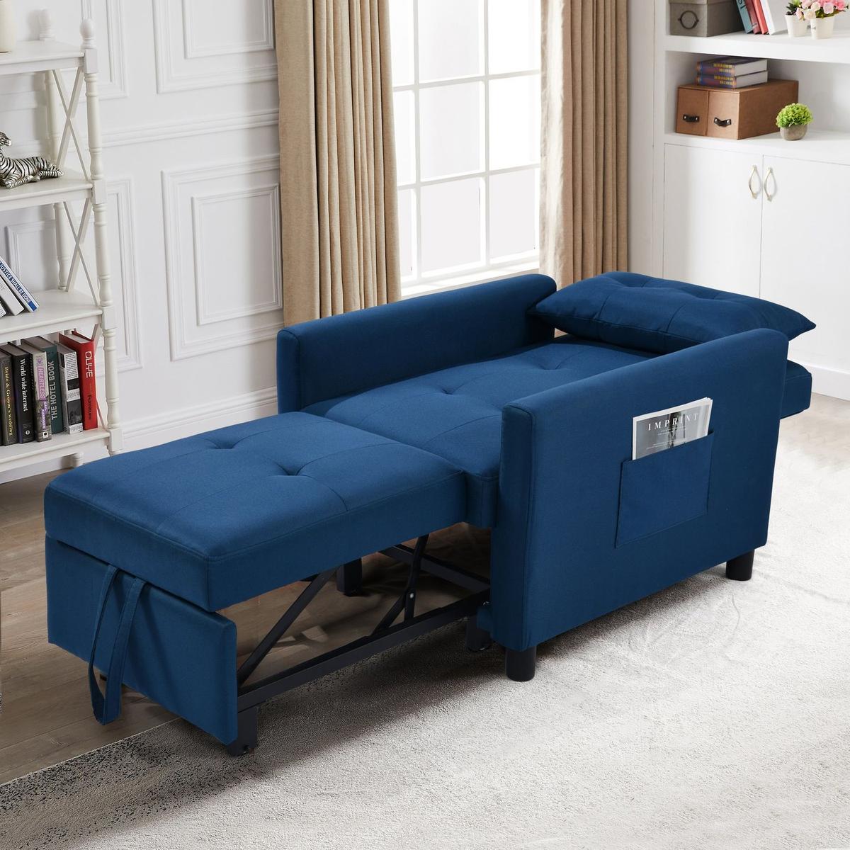 3-in-1 Convertible Futon Sofa Bed with Adjustable Backrest, Single Sofa Bed with Pull Out Sleeper, Convertible Futon Chair for Living Room, Side Bag and 1 Lumbar Pillow,Navy