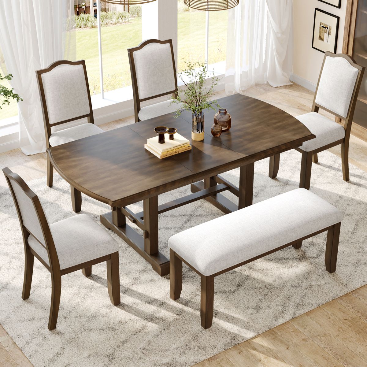 6-Piece Dining Table Set, 60inch to 78inch Extendable Wood Dining Table with Removable Leaf, Kitchen Table Set with 4 Upholstered Side Chair and Bench, Dining Table Set for 6 (Brown)