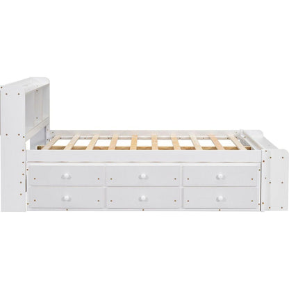 Full Bed with Bookcase Headboard, Under bed Storage Drawers and Bed End Storage Case,White