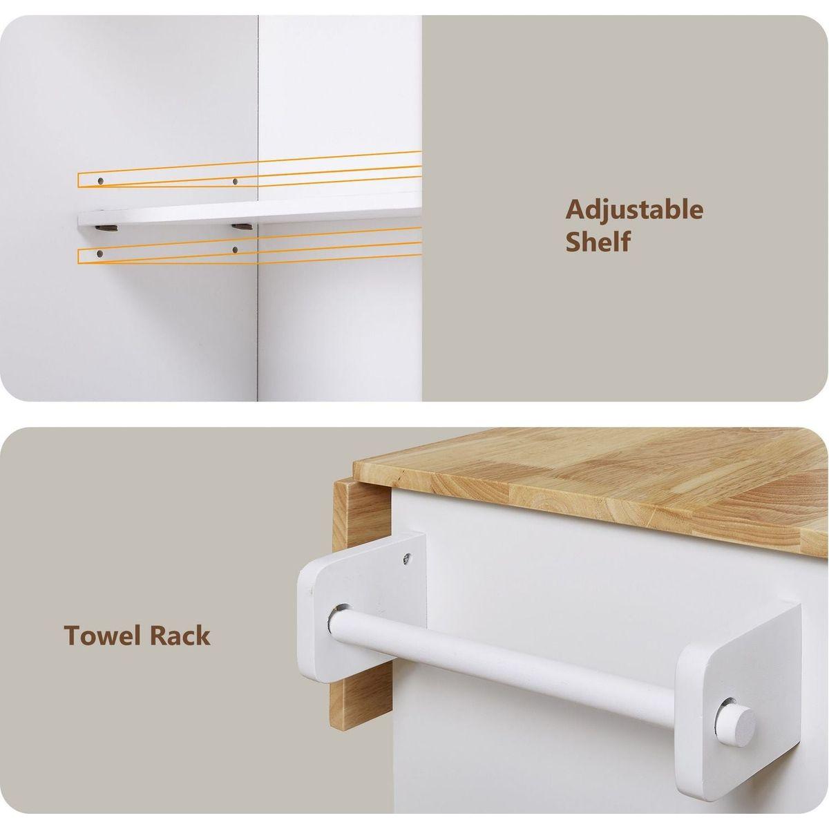 Rolling Kitchen Island with Storage, Kitchen Cart with Rubber Wood Top, Spacious Drawer with Divider and Internal Storage Rack, Kitchen Island on Wheels with Adjustable Shelf Tower Rack, White