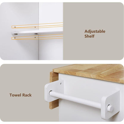 Rolling Kitchen Island with Storage, Kitchen Cart with Rubber Wood Top, Spacious Drawer with Divider and Internal Storage Rack, Kitchen Island on Wheels with Adjustable Shelf Tower Rack, White