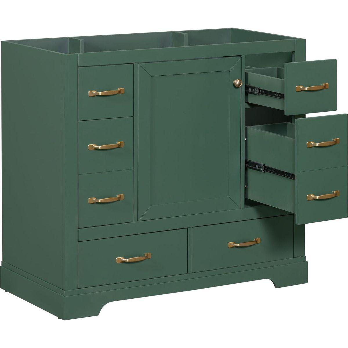 36" Bathroom Vanity without Sink, Cabinet Base Only, Six Drawers, Multi-Functional Drawer Divider, Adjustable Shelf, Green