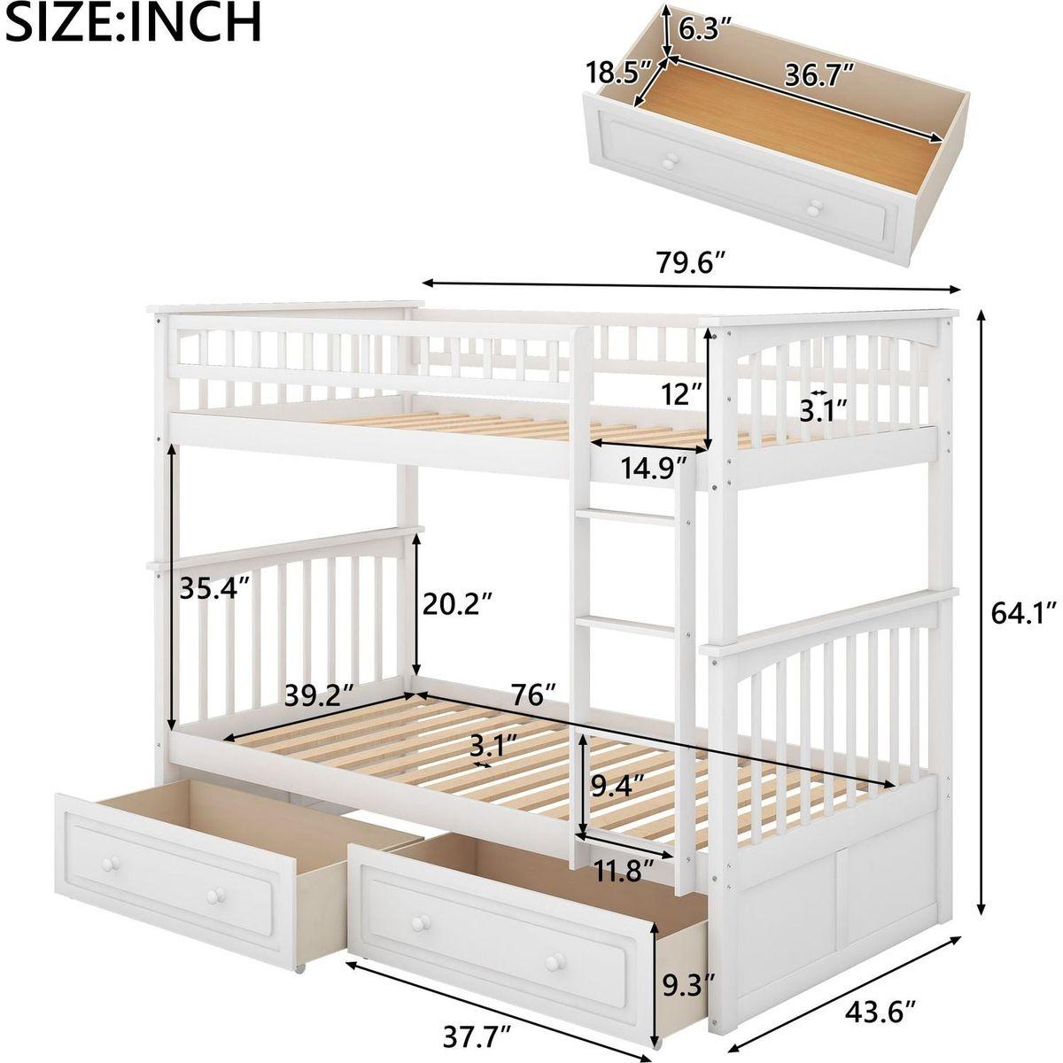 Twin over Twin Bunk Bed with Drawers, Convertible Beds, White