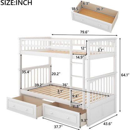 Twin over Twin Bunk Bed with Drawers, Convertible Beds, White
