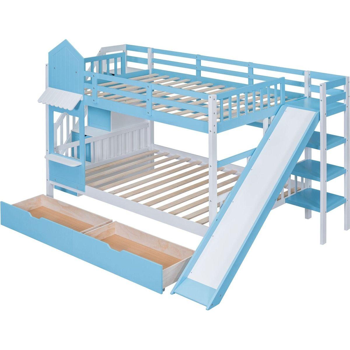 Full-Over-Full Castle Style Bunk Bed with 2 Drawers 3 Shelves and Slide - Blue