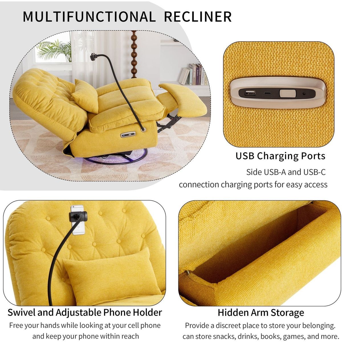 270 Degree Swivel Power Recliner with Voice Control, Bluetooth Music Player,USB Ports, Atmosphere Lamp, Hidden Arm Storage and Mobile Phone Holder for Living Room, Bedroom, Apartment, Yellow