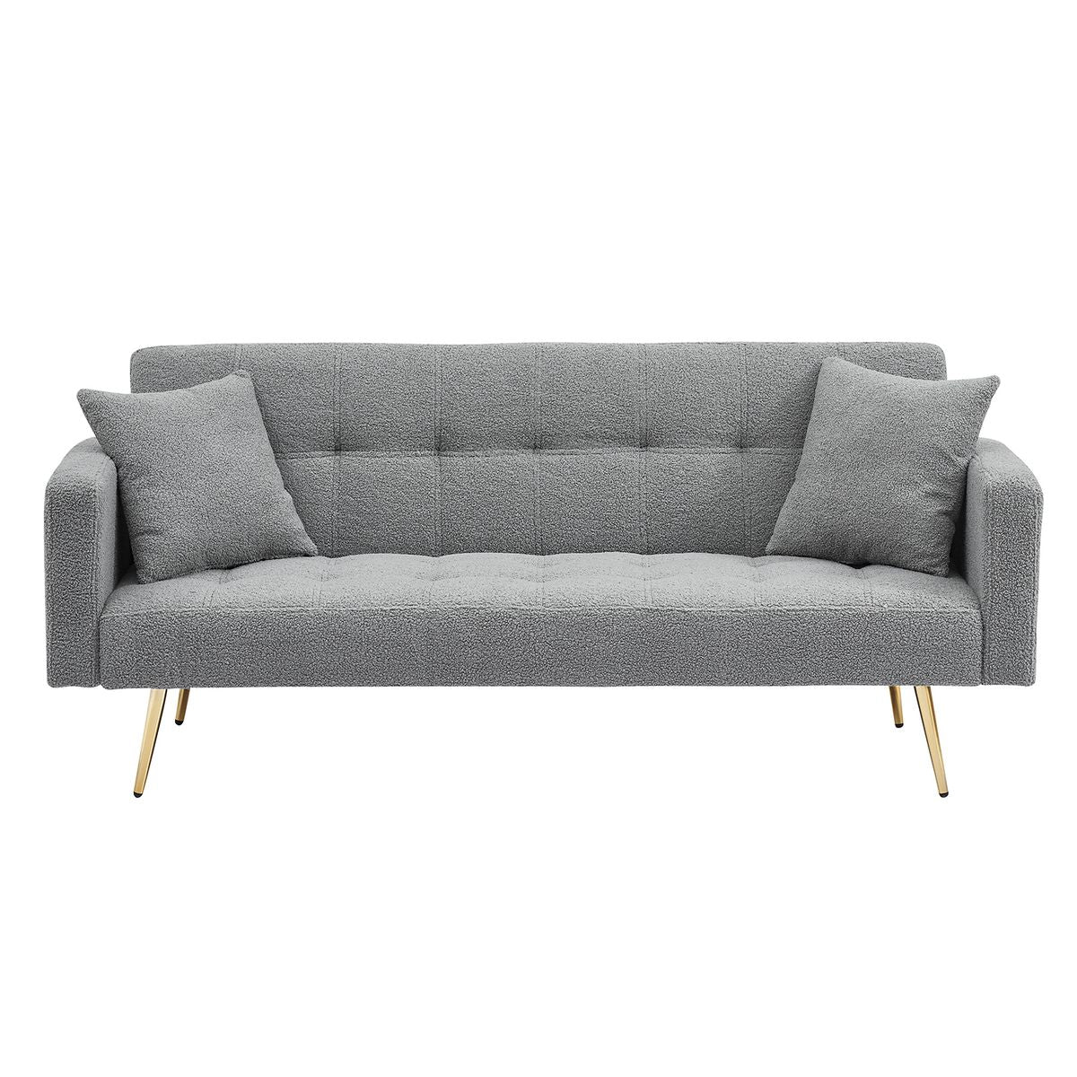 Contemporary Grey Teddy Fleece Sofa Bed with Two Throw Pillows and Metal Legs