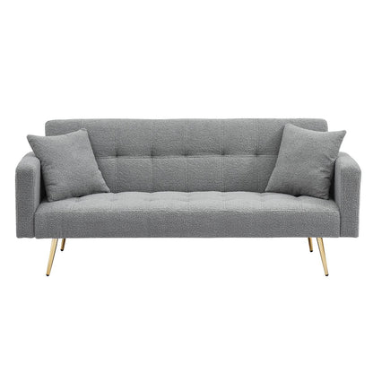 Contemporary Grey Teddy Fleece Sofa Bed with Two Throw Pillows and Metal Legs