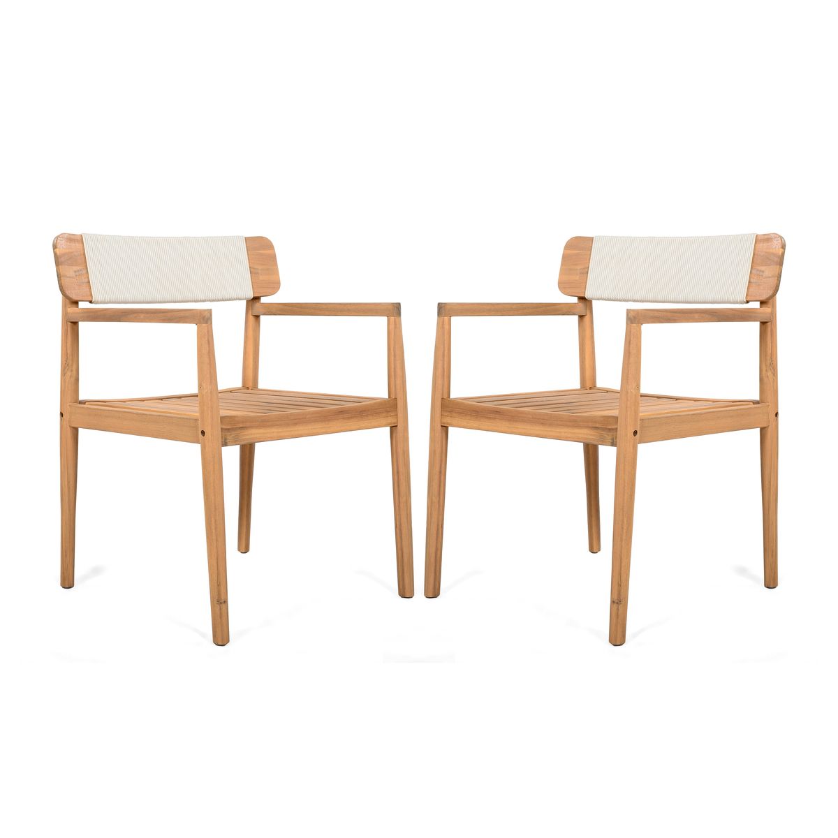 Creative Braided Acacia Wood Outdoor Dining Table and Chairs with Armrests, Teak Look & White Rope, Set of 2