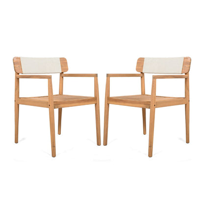 Creative Braided Acacia Wood Outdoor Dining Table and Chairs with Armrests, Teak Look & White Rope, Set of 2