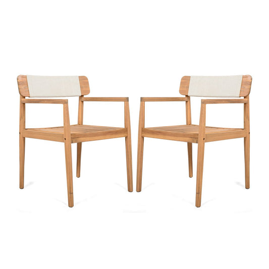 Creative Braided Acacia Wood Outdoor Dining Table and Chairs with Armrests, Teak Look & White Rope, Set of 2