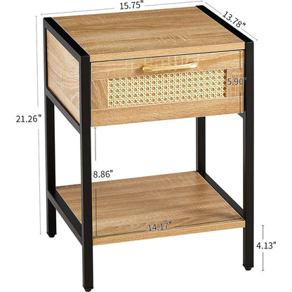 15.74" Rattan End table with drawer, Modern nightstand, metal legs,side table for living room, bedroom,natural(1 pc)