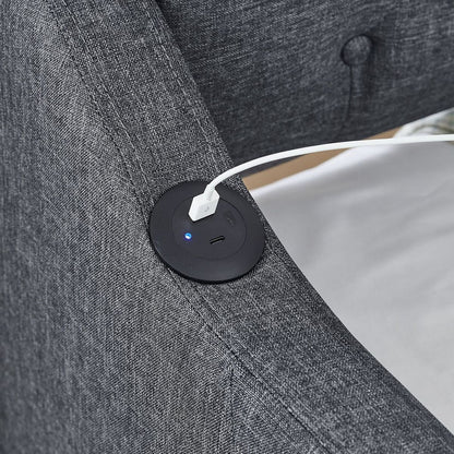 Twin Size Upholstery DayBed with Twin Size Erectable Trundle and USB Charging Design, Linen Dark Gray