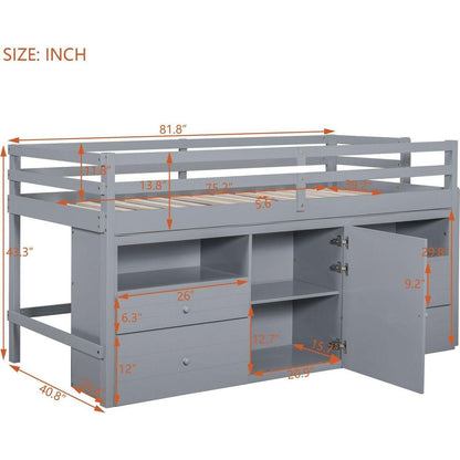 Twin Size Loft Bed with 4 Drawers, Underneath Cabinet and Shelves, Gray