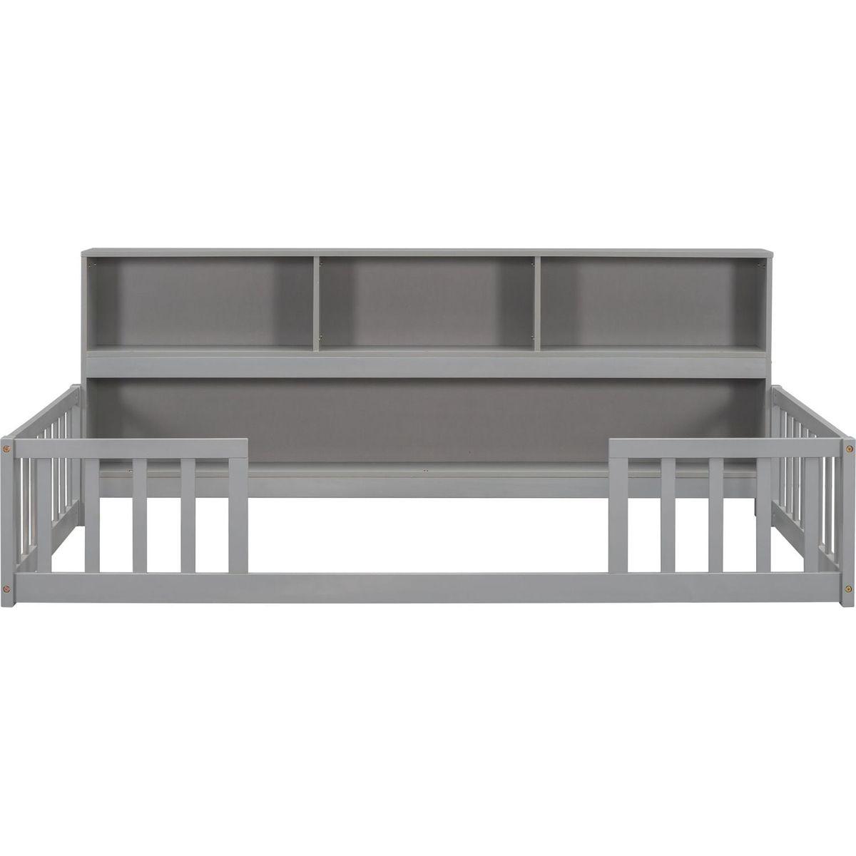 Twin Floor Bed with Bedside Bookcase,Shelves,Guardrails,Grey