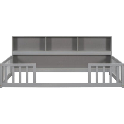 Twin Floor Bed with Bedside Bookcase,Shelves,Guardrails,Grey