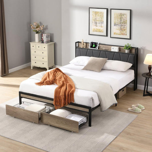 Queen Size Metal Platform Bed Frame with upholstery storage function Headboard and USB LINER and Footboard with drawers, No Box Spring Needed, Large Under Bed Storage, Easy Assemble