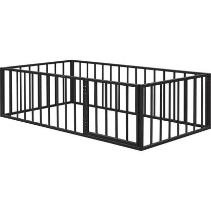 Twin Size Metal Floor Bed Frame with Fence and Door, Black