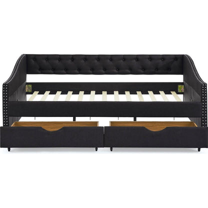 Full Size Daybed with Drawers Upholstered Tufted Sofa Bed, with Button on Back and Copper Nail on Waved Shape Arms(80.5"x55.5"x27.5")