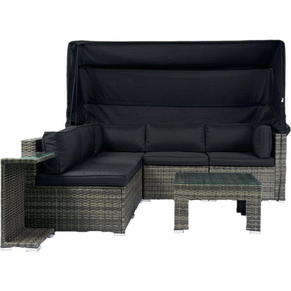 7-Piece Patio Furniture Set w/Retractable Canopy Wicker Rattan Sectional Sofa Set Patio Furniture with Washable Cushions for Lawn, Garden, Backyard, Poolside Grey wicker + Black Cushion