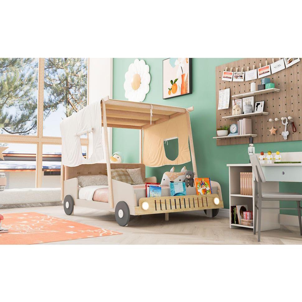 Wood Full Size Car Bed with Pillow, Ceiling Cloth and LED, Natural