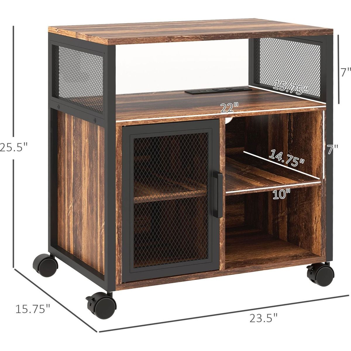 Vinsetto Mobile Printer Stand with Socket & USB Ports, Rustic Brown