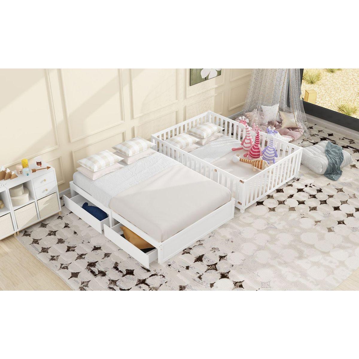 Full Size Wood Daybed with Fence Guardrails and 2 Drawers, Split into Independent Floor Bed & Daybed, White