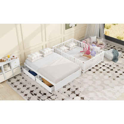 Full Size Wood Daybed with Fence Guardrails and 2 Drawers, Split into Independent Floor Bed & Daybed, White