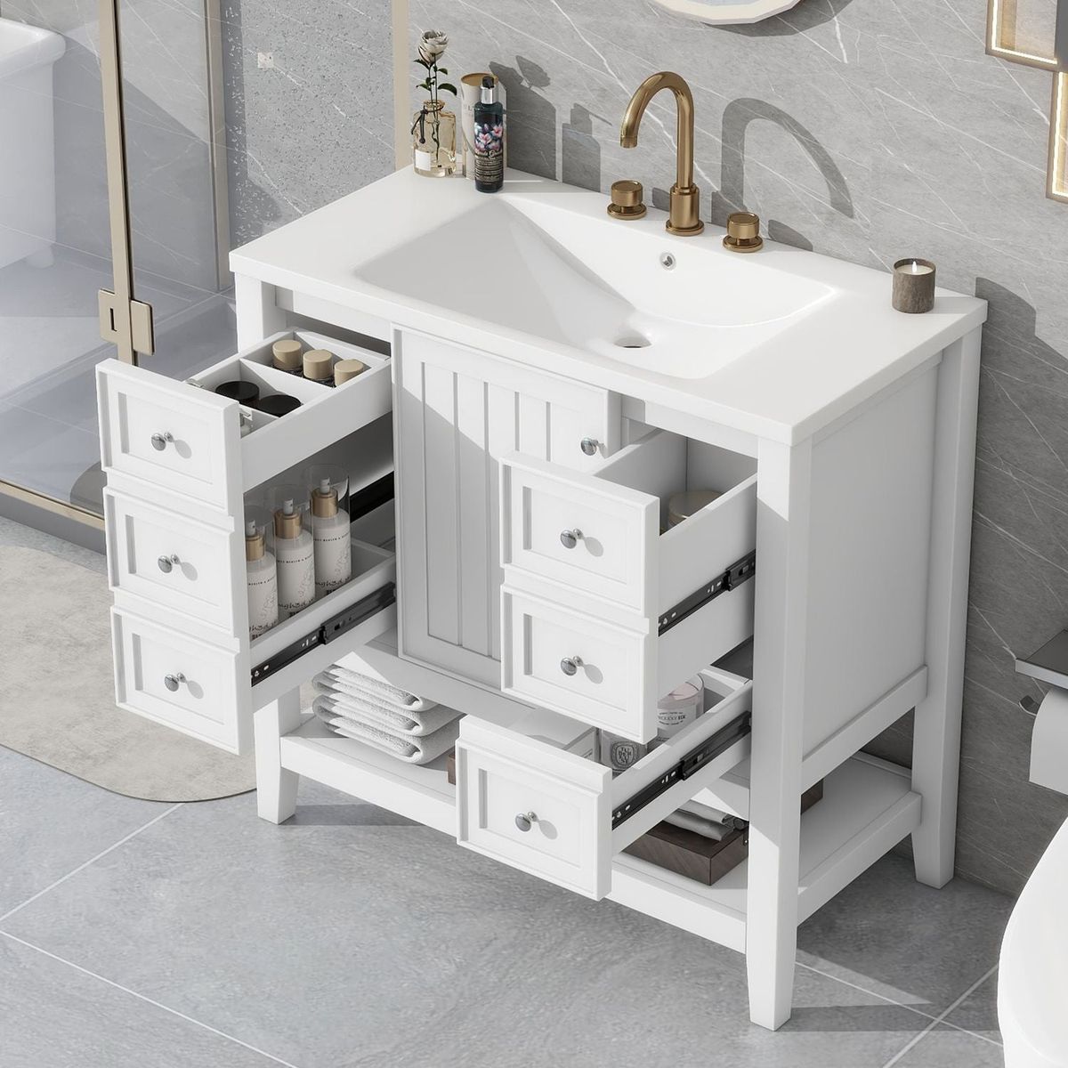 36" Bathroom Vanity with Sink Combo, One Cabinet and Three Drawers, Solid Wood and MDF Board, White