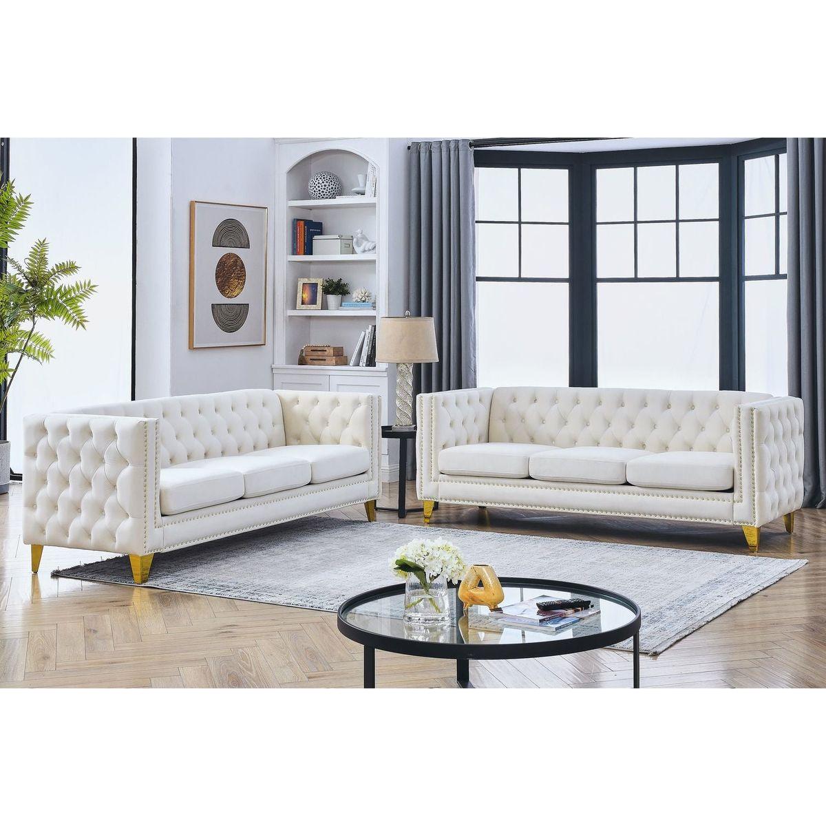 Velvet Sofa for Living Room,Buttons Tufted Square Arm Couch, Modern Couch Upholstered Button and Metal Legs, Sofa Couch for Bedroom, Beige Velvet, 2PCS